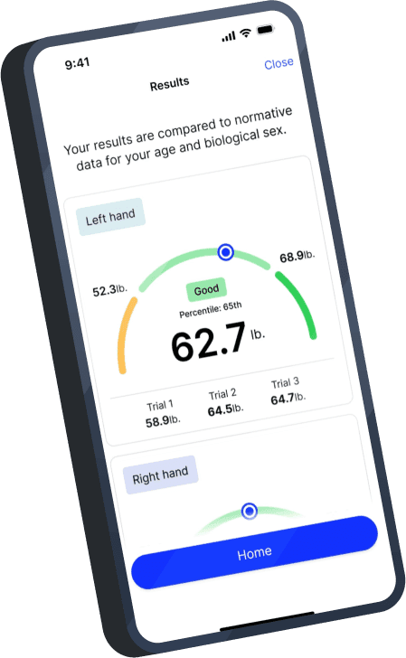 Able Strength app showing grip strength results on a smartphone