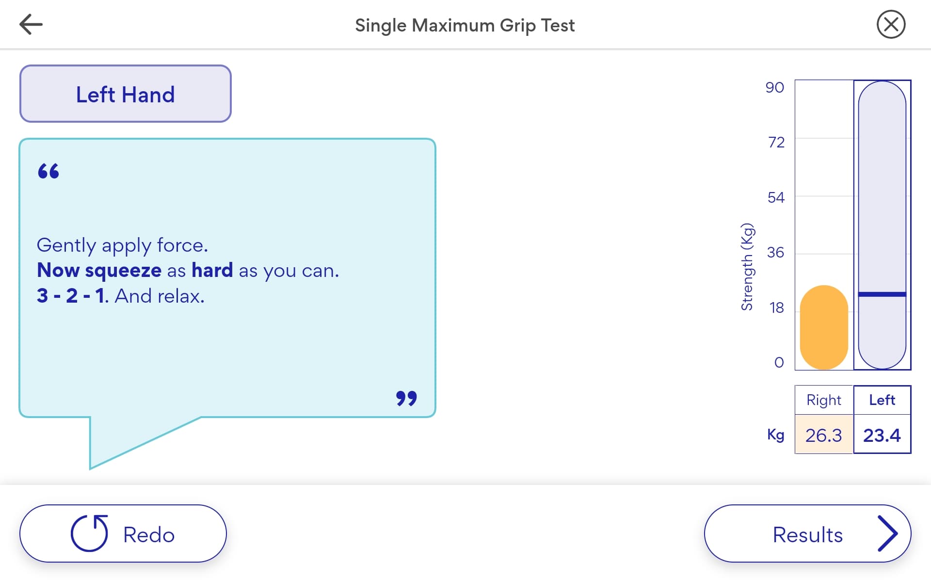 Able Rehab Single Maximum Grip Test screen showing left hand strength compared to right